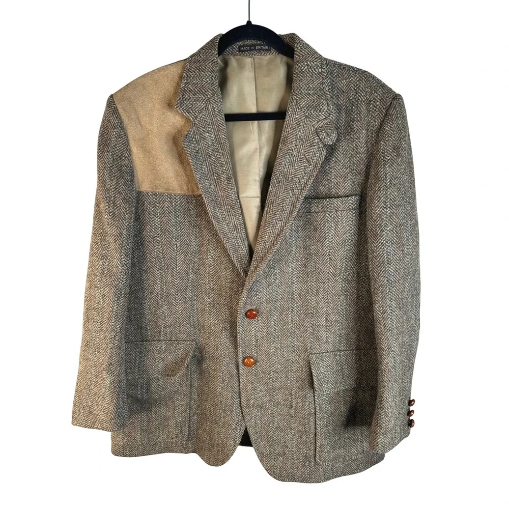 Harris Tweed Men's Brown Herringbone Tweed Suede Patch 100% Wool Blazer Jacket L